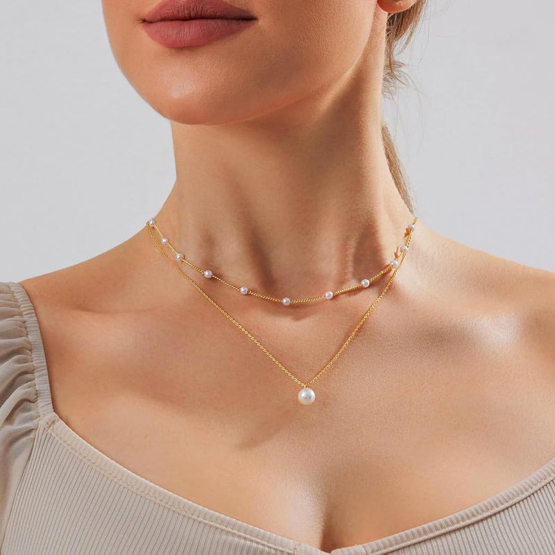 Zeffy Gold Pearl Necklace for Women, Dainty 14K Gold/Silve Plated Layered Pearl Choker Pearl Earrings Pearl Bracelets Wedding Trendy Gold Jewelry Set for Women Gifts - Image 4